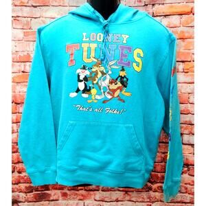 Looney Tunes Hoodie Women Medium Blue Tweety Bird That's All Folks Graphic Print